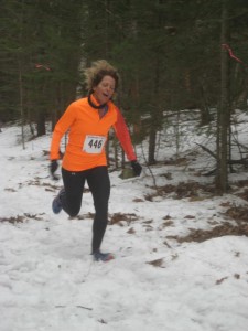 Robin Clarke of Ellsworth finishing up 9th overall at the 2013 State of Maine Snowshoe Championships. She was the second woman overall